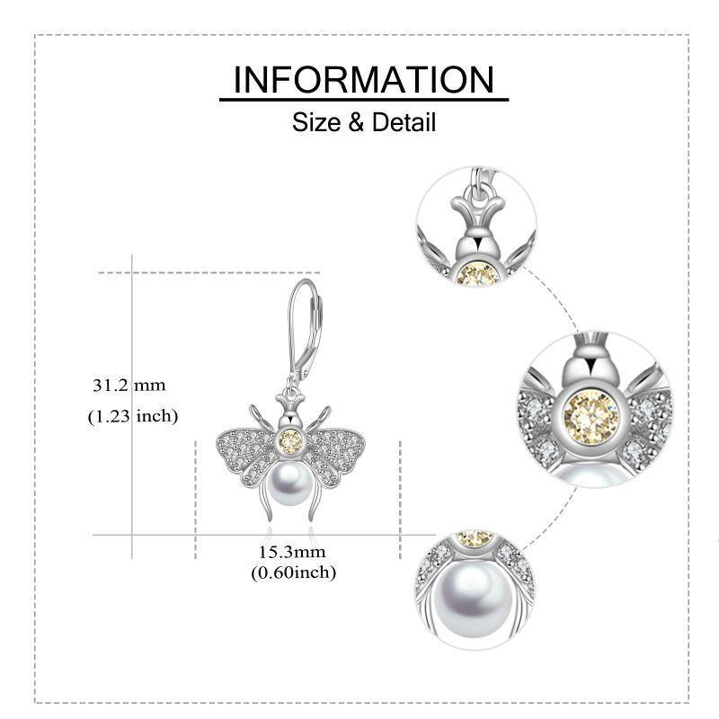 Sterling Silver Circular Shaped Pearl Bees Lever-back Earrings-5