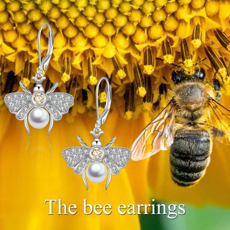 Sterling Silver Circular Shaped Pearl Bees Lever-back Earrings-6
