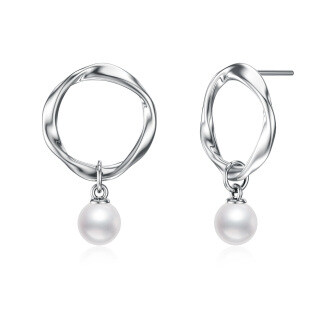 Sterling Silver Circular Shaped Pearl Circle Drop Earrings-58