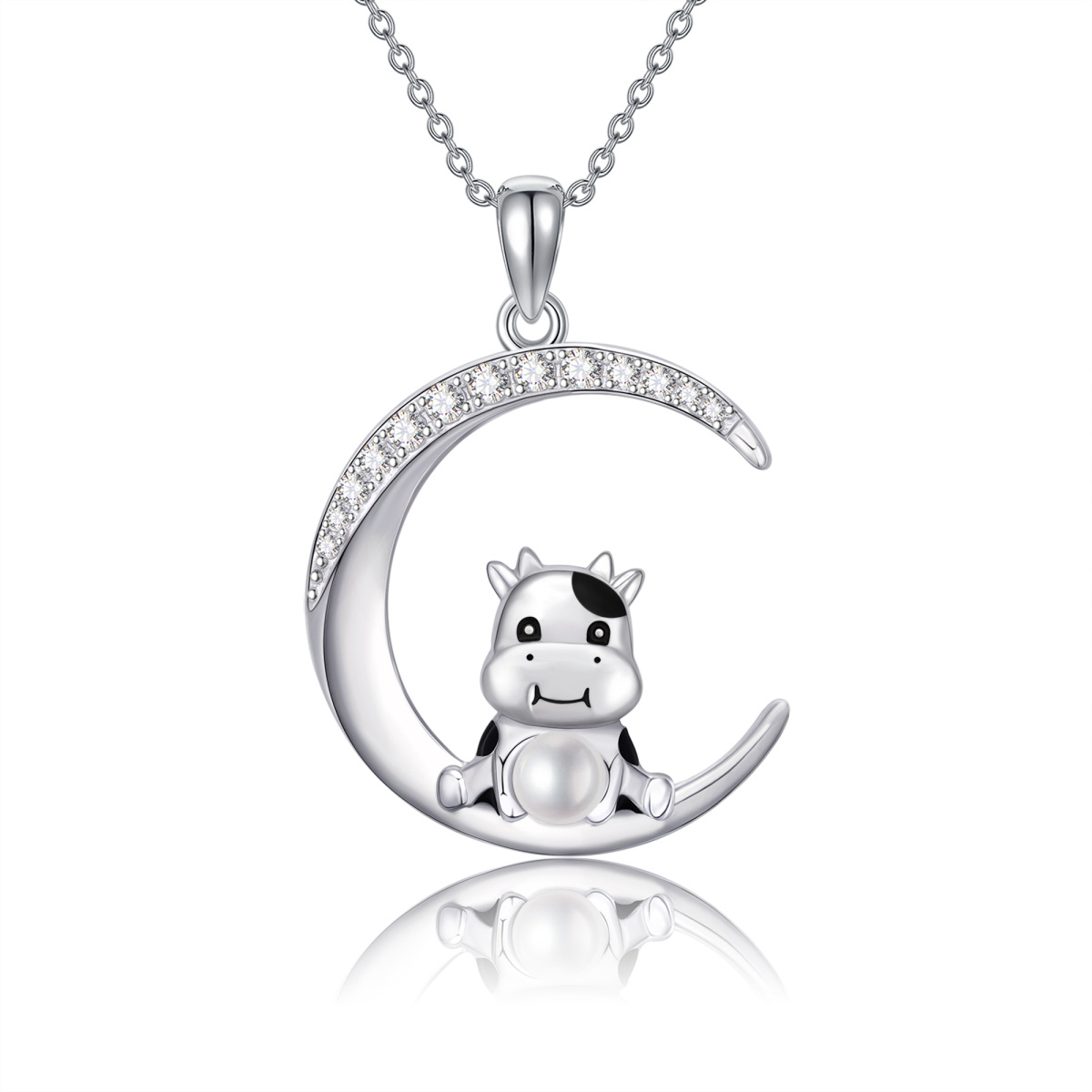 Sterling Silver Circular Shaped Cubic Zirconia & Pearl Cow Pendant Necklace-1