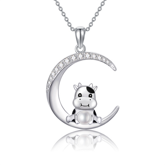 Sterling Silver Circular Shaped Cubic Zirconia & Pearl Cow Pendant Necklace