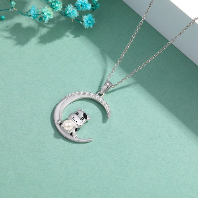 Sterling Silver Circular Shaped Cubic Zirconia & Pearl Cow Pendant Necklace-4