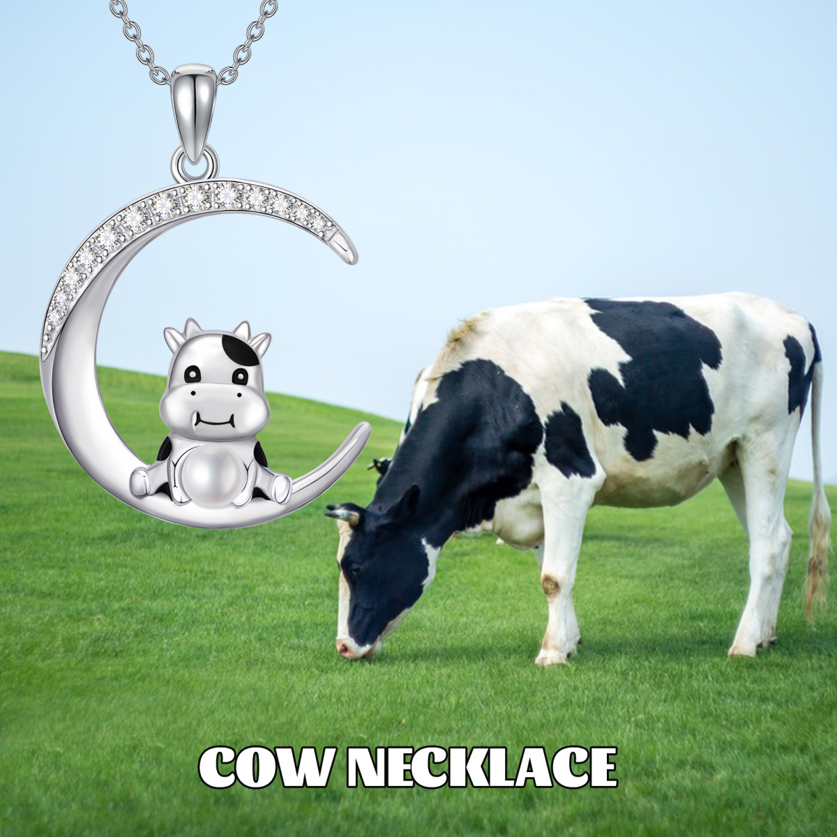 Sterling Silver Circular Shaped Cubic Zirconia & Pearl Cow Pendant Necklace-6