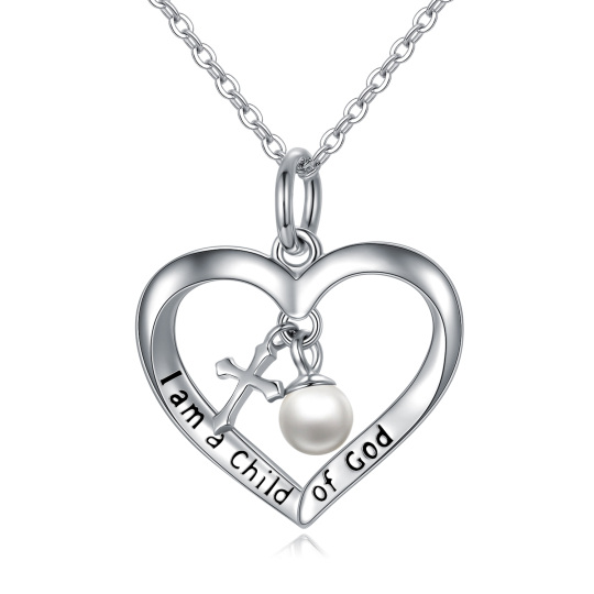 Sterling Silver Circular Shaped Pearl Cross & Heart Metal Choker Necklace with Engraved Word