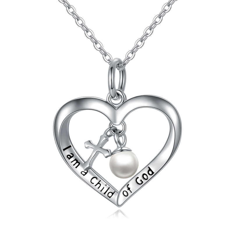 Sterling Silver Circular Shaped Pearl Cross & Heart Metal Choker Necklace with Engraved Word-6