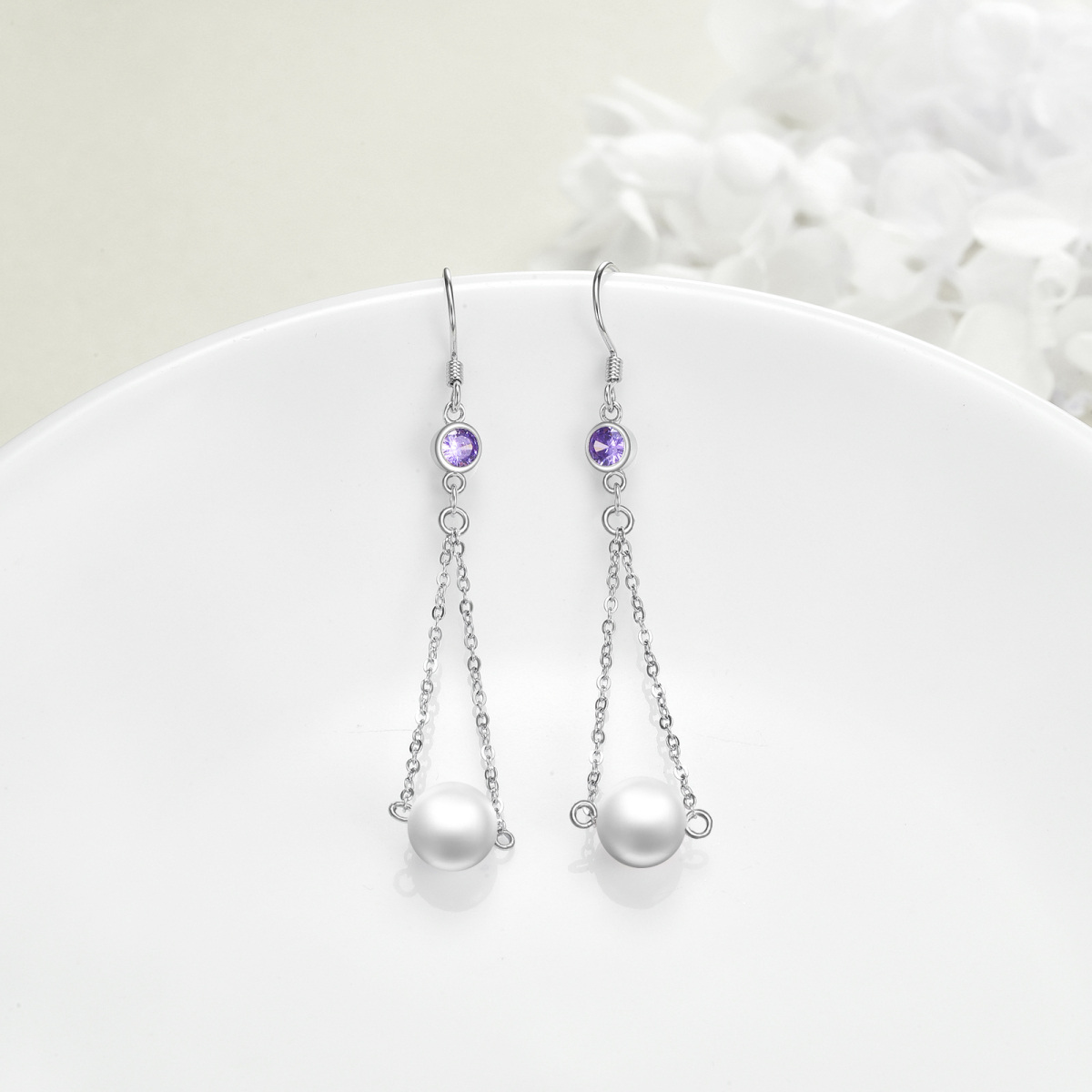 Sterling Silver Circular Shaped Pearl Drop Earrings-3