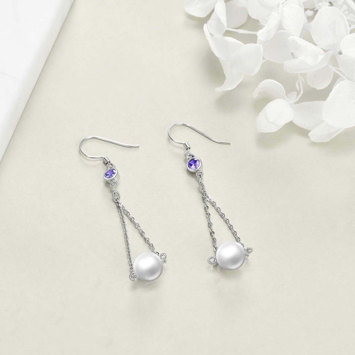 Sterling Silver Circular Shaped Pearl Drop Earrings-4