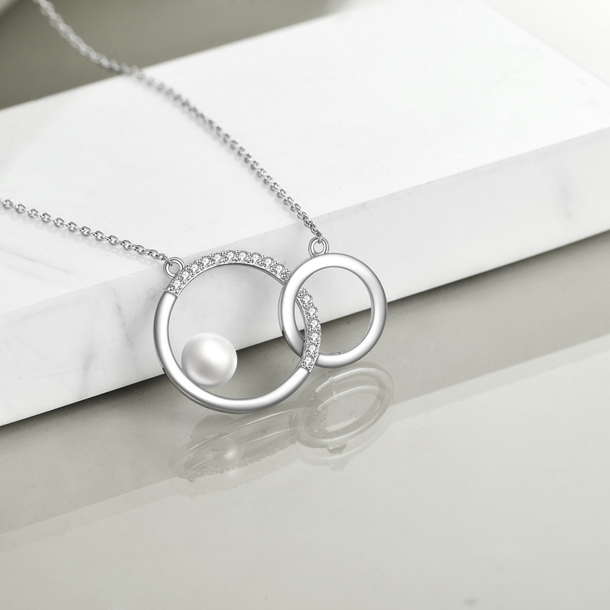 Sterling Silver Circular Shaped Pearl Generation Ring Circle Pendant Necklace-4