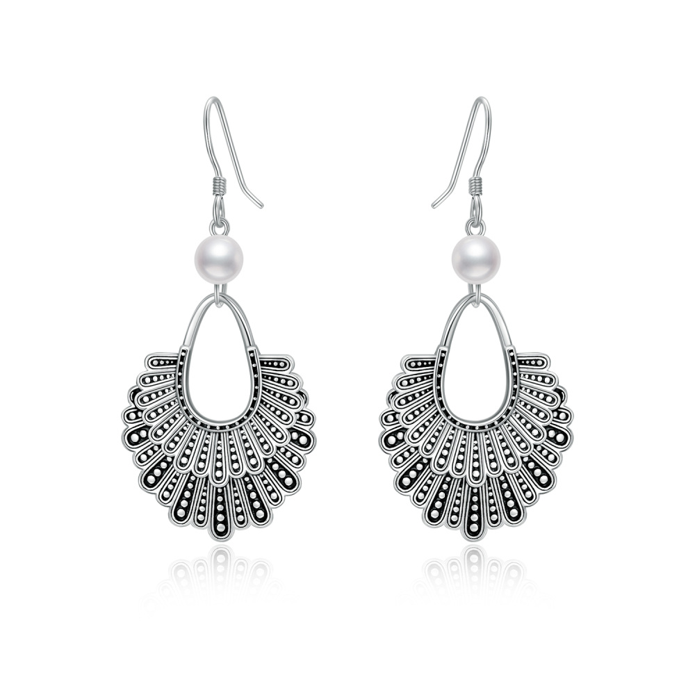 Sterling Silver Circular Shaped Pearl Ginsberg Collar Drop Earrings-1