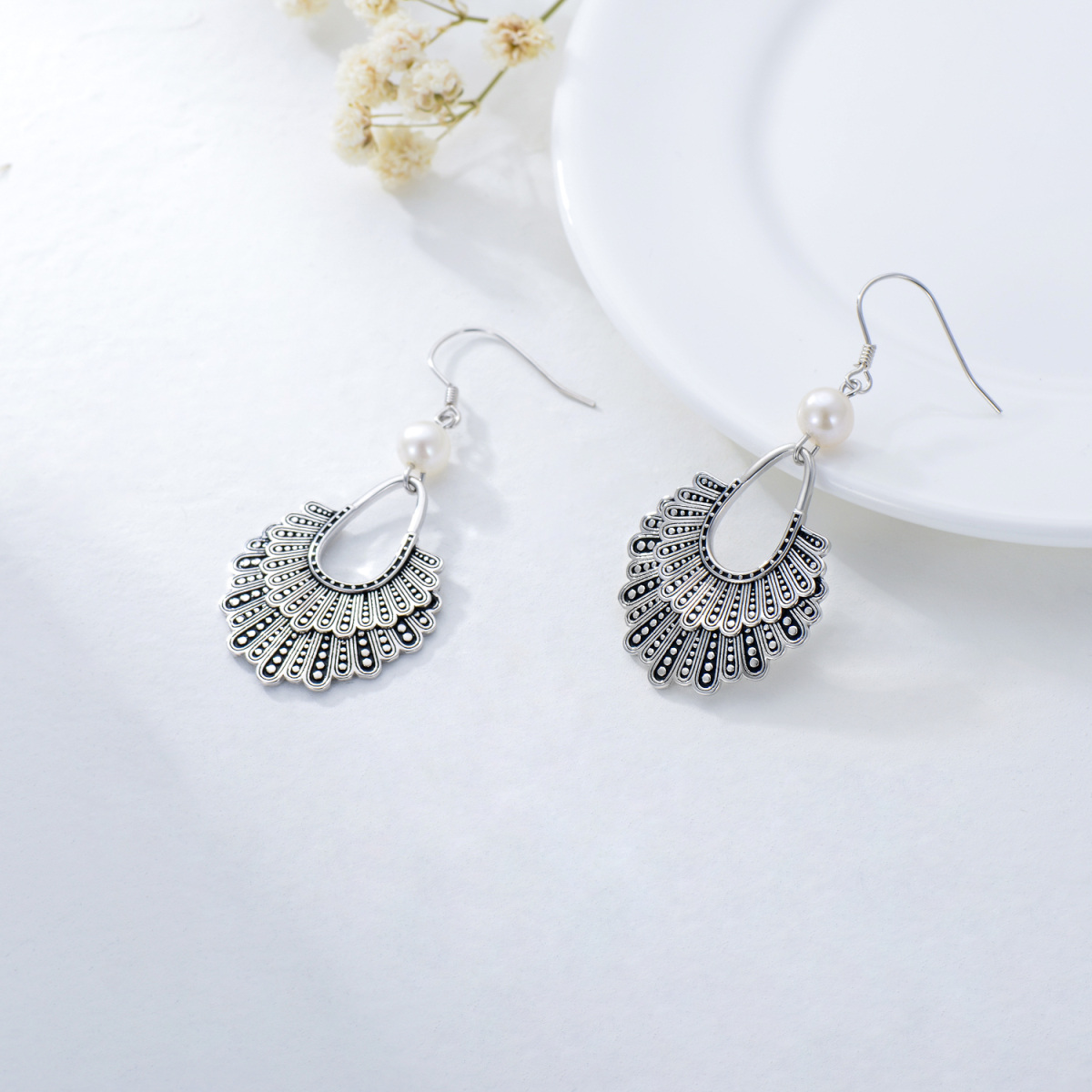 Boucles d'oreilles pendantes en argent sterling avec perles de forme circulaire et collier-3