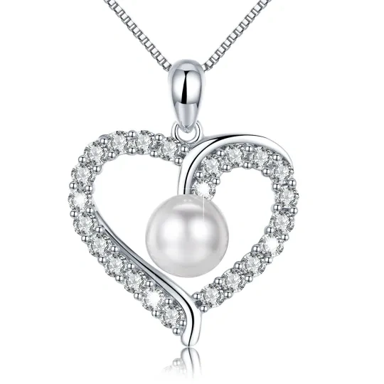 Sterling Silver Circular Shaped Pearl Heart Pendant Necklace