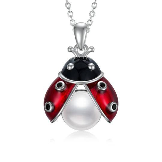 Sterling Silver Circular Shaped Pearl Ladybug Pendant Necklace