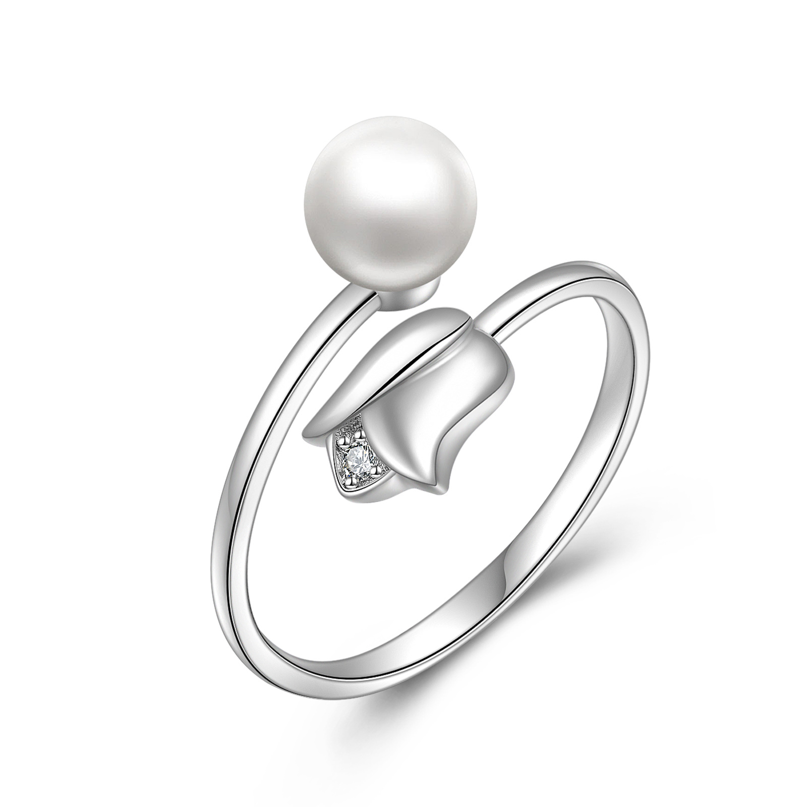 Sterling Silver Circular Shaped Pearl Rose Open Ring-1