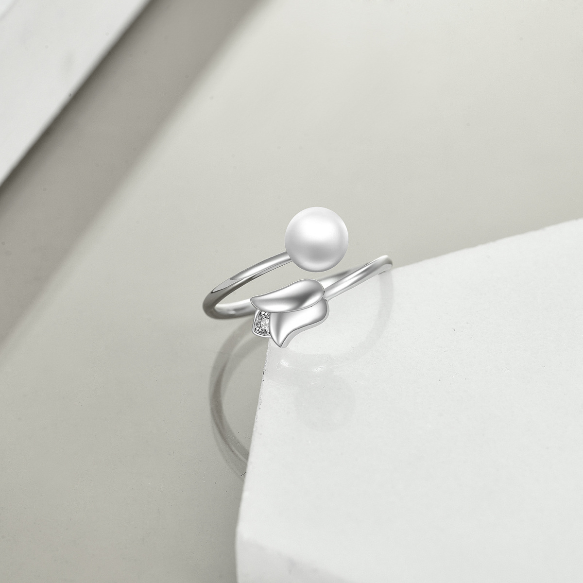 Sterling Silver Circular Shaped Pearl Rose Open Ring-4