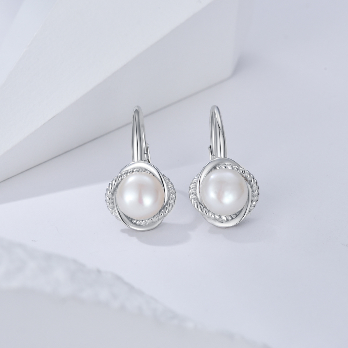 Sterling Silver Circular Shaped Pearl Round Hoop Earrings-3