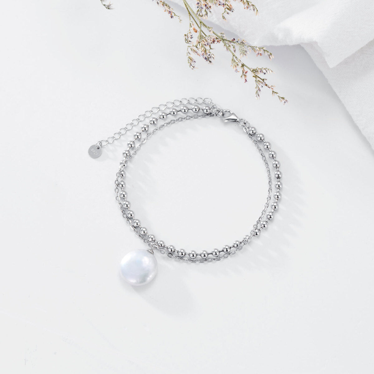 Sterling Silver Circular Shaped Pearl Round Layerered Bracelet-4