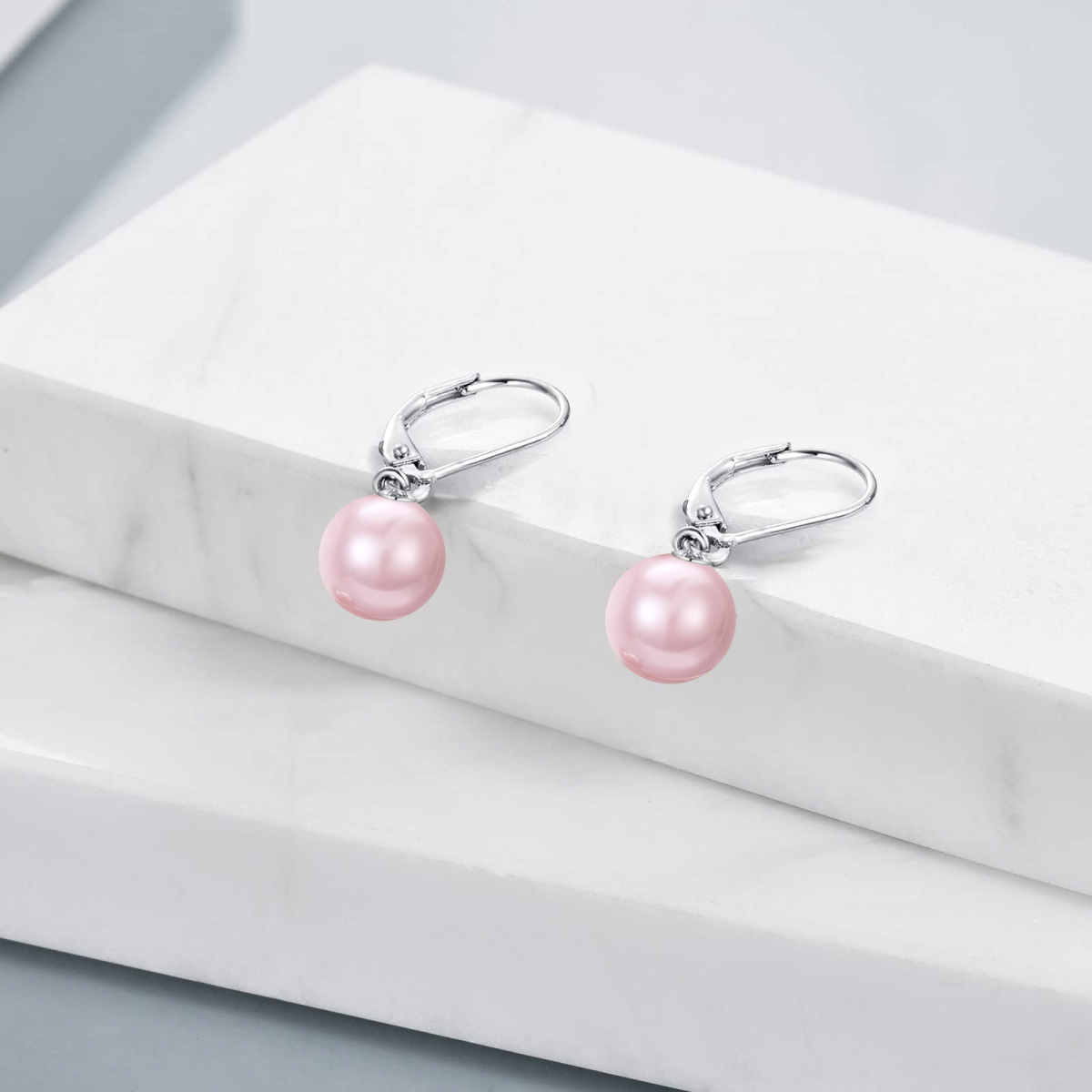 Sterling Silver Circular Shaped Pearl Round Lever-back Earrings-3