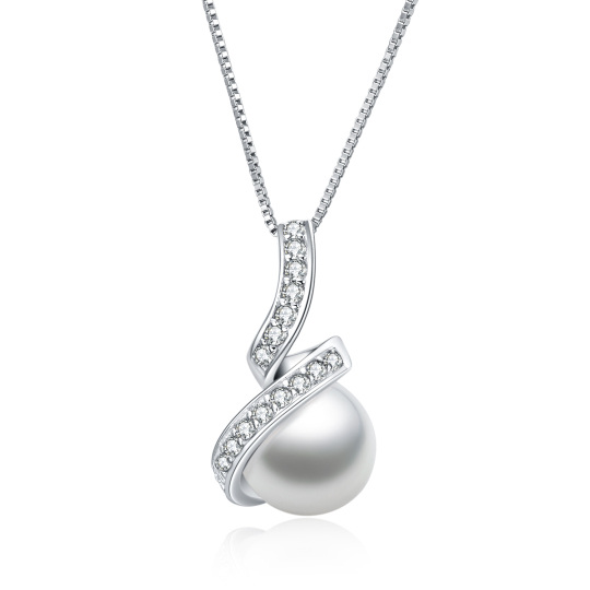 Sterling Silver Circular Shaped Cubic Zirconia & Pearl Round Pendant Necklace