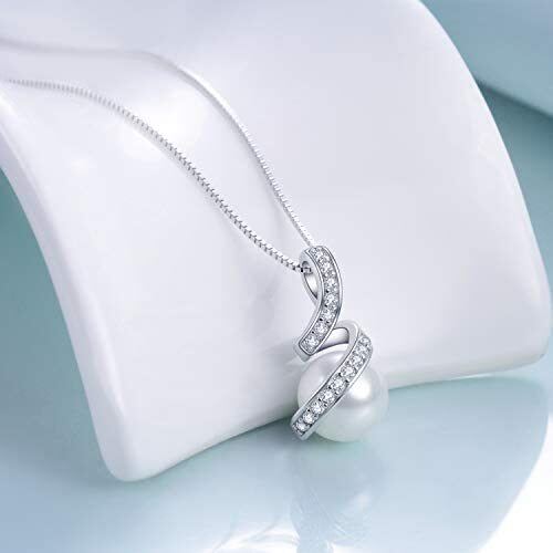 Sterling Silver Circular Shaped Cubic Zirconia & Pearl Round Pendant Necklace-3