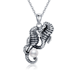 Sterling Silver Circular Shaped Pearl Seahorse Pendant Necklace-5