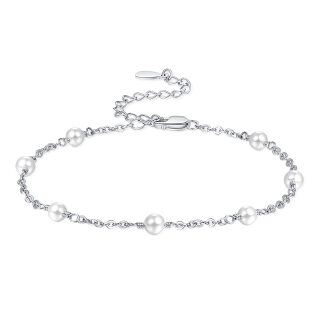 Sterling Silver Circular Shaped Pearl Single Layer Anklet-28