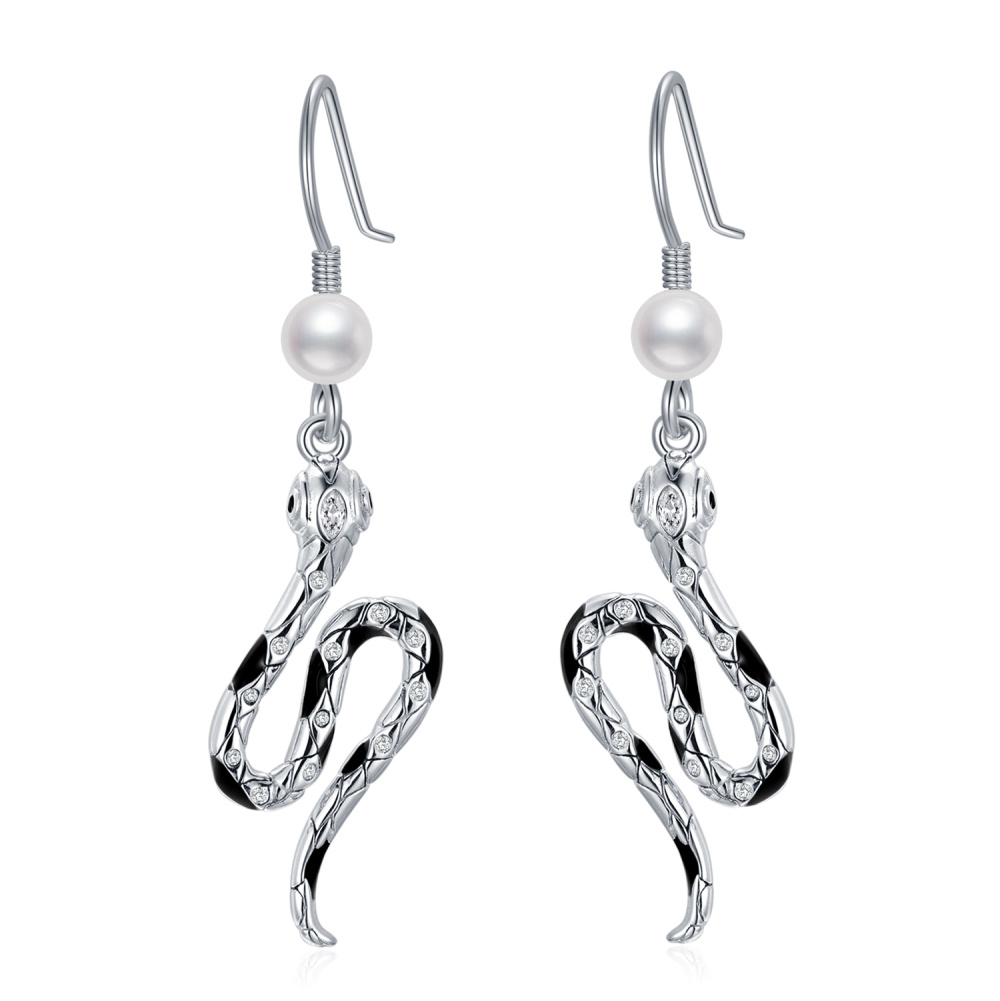 Sterling Silver Circular Shaped Pearl Snake Stud Earrings-1
