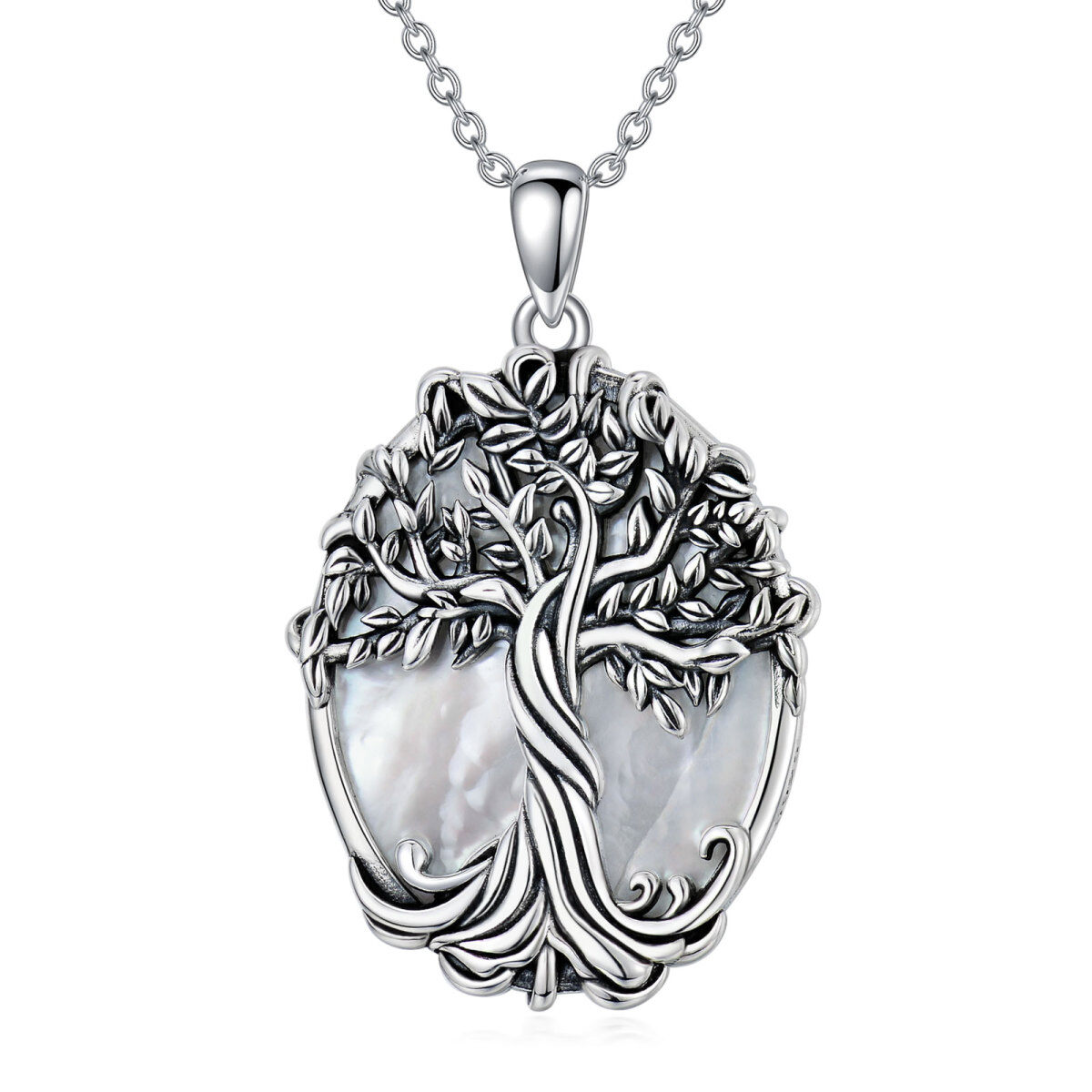 Sterling Silver Circular Shaped Pearl Tree Of Life Pendant Necklace-1