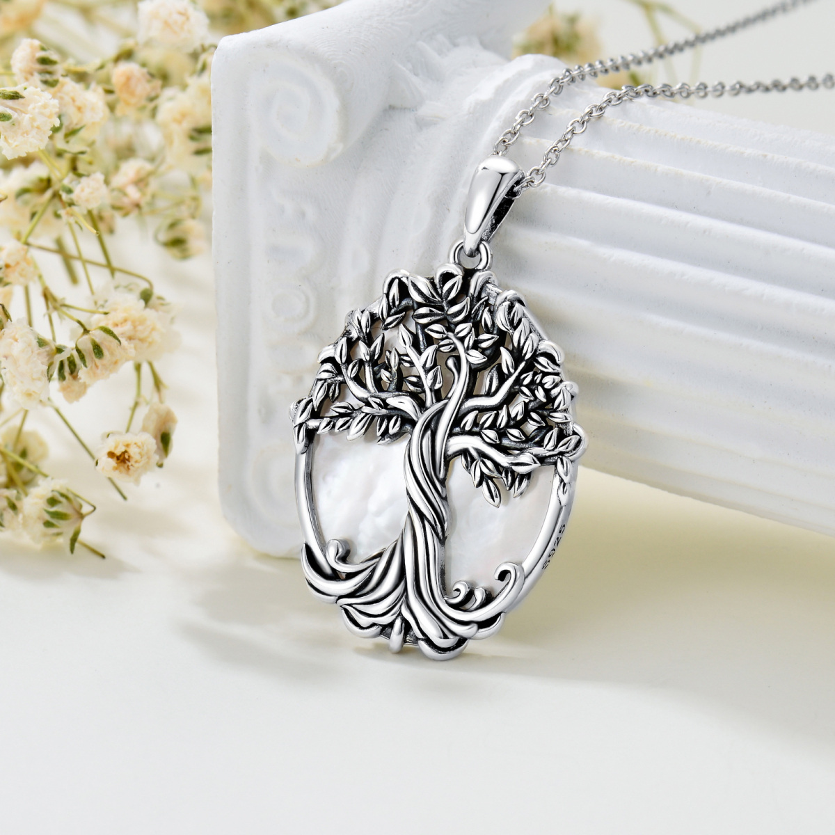 Sterling Silver Circular Shaped Pearl Tree Of Life Pendant Necklace-3