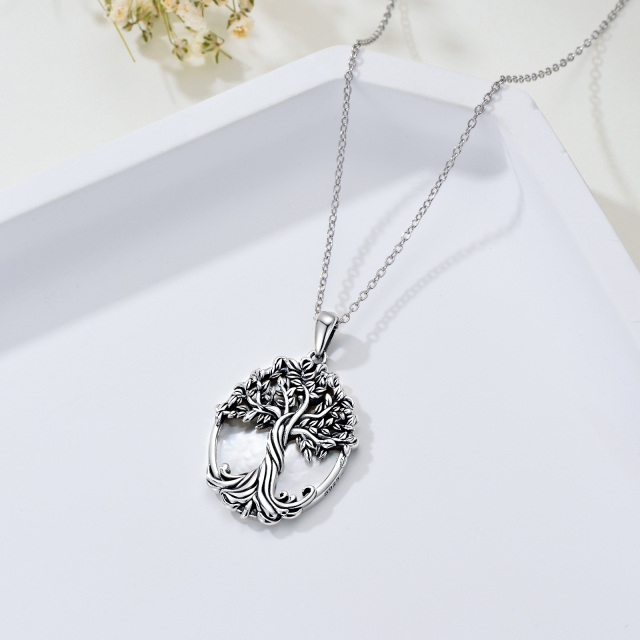 Sterling Silver Circular Shaped Pearl Tree Of Life Pendant Necklace-4