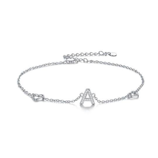 Sterling Silver Circular Shaped Cubic Zirconia Pendant Bracelet with Initial Letter A