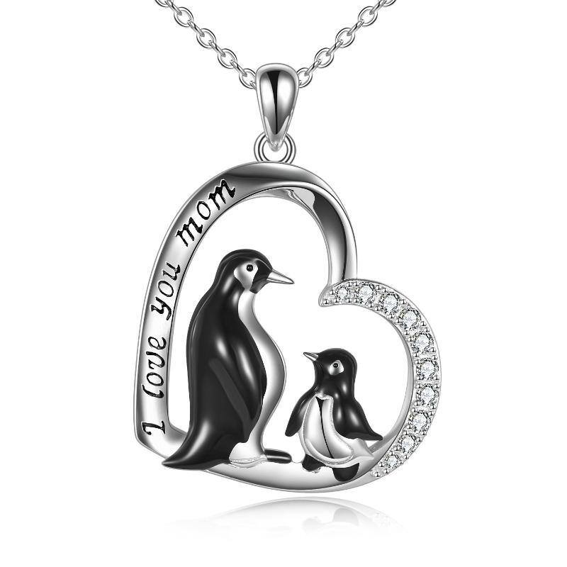 Sterling Silber kreisförmig Cubic Zirkonia Pinguin & Herz Anhänger Halskette mit eingravie-1