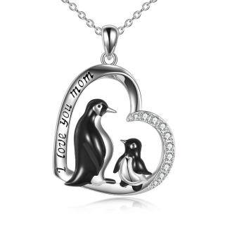 Sterling Silver Circular Shaped Cubic Zirconia Penguin & Heart Pendant Necklace with Engraved Word-47