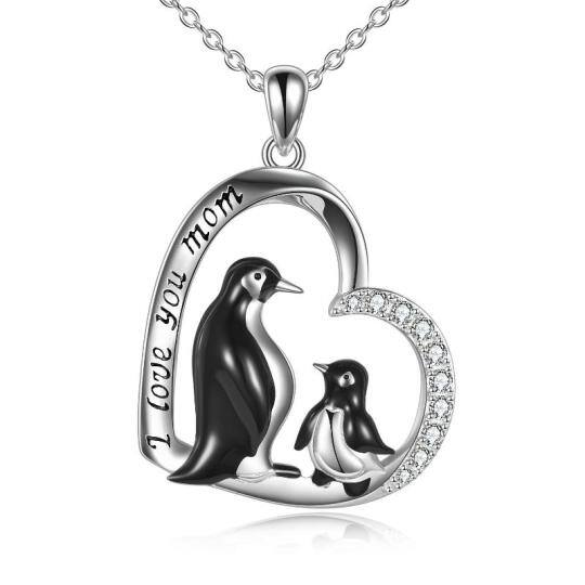 Sterling Silver Circular Shaped Cubic Zirconia Penguin & Heart Pendant Necklace with Engraved Word