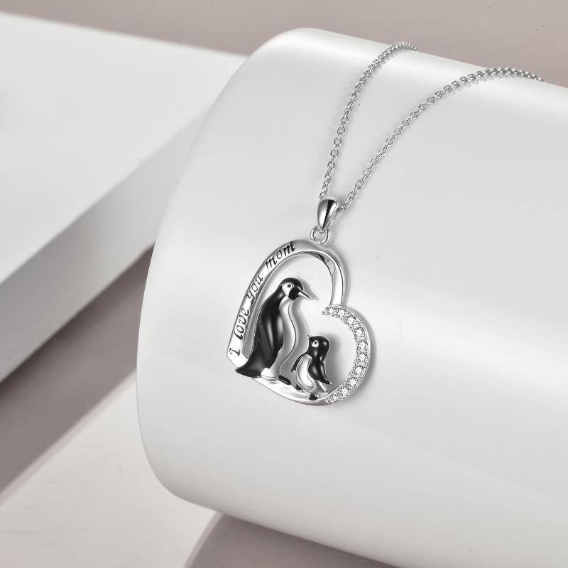 Sterling Silver Circular Shaped Cubic Zirconia Penguin & Heart Pendant Necklace with Engraved Word-3