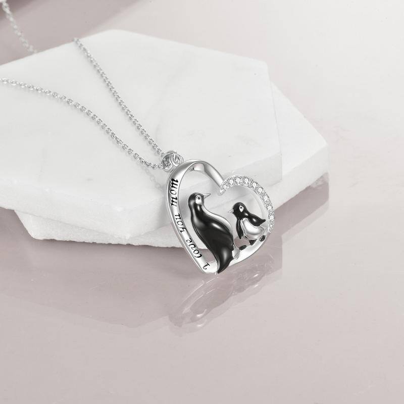 Sterling Silver Circular Shaped Cubic Zirconia Penguin & Heart Pendant Necklace with Engraved Word-4