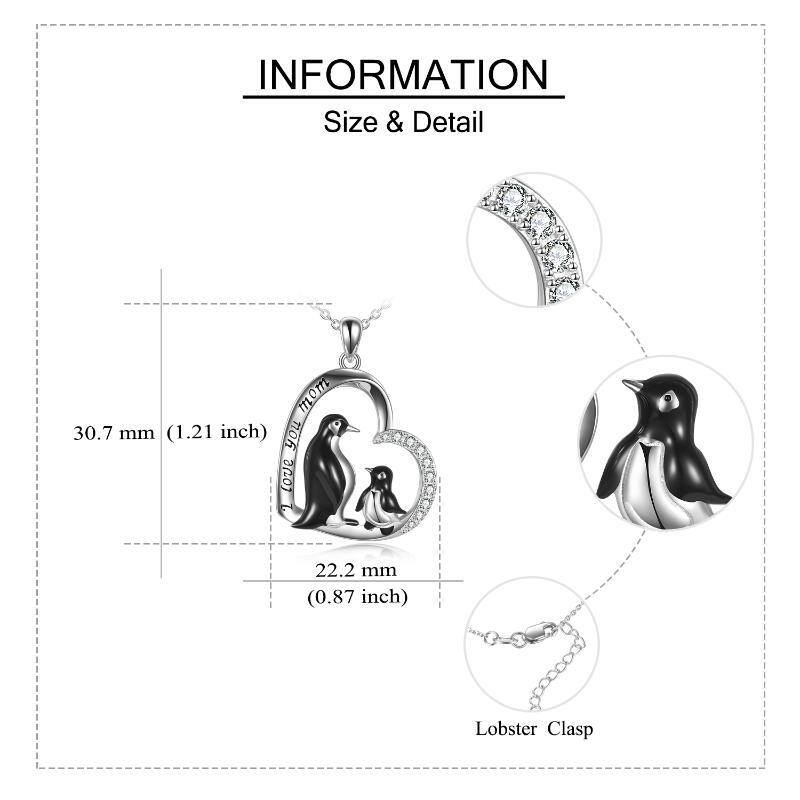 Sterling Silver Circular Shaped Cubic Zirconia Penguin & Heart Pendant Necklace with Engraved Word-5