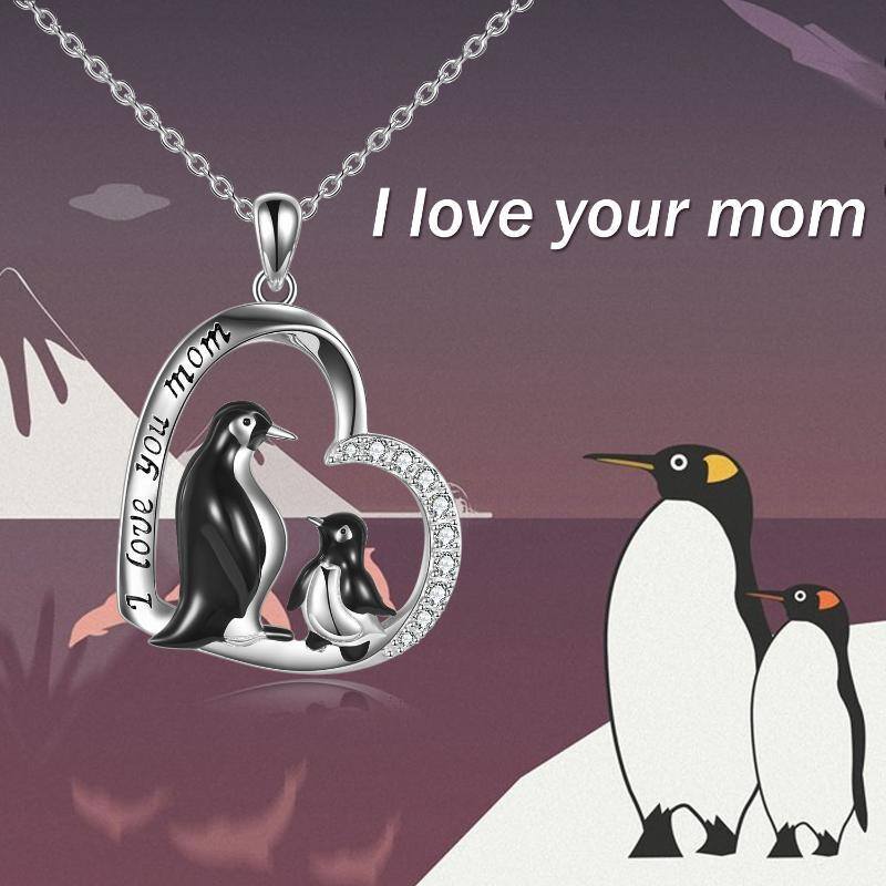 Sterling Silber kreisförmig Cubic Zirkonia Pinguin & Herz Anhänger Halskette mit eingravie-6