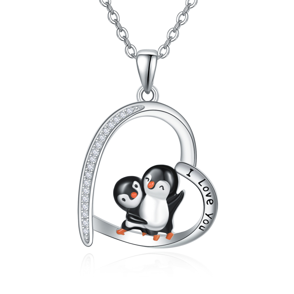 Sterling Silver Circular Shaped Cubic Zirconia Penguin & Heart Pendant Necklace with Engraved Word-1