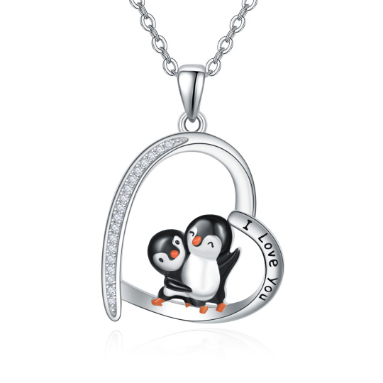 Sterling Silver Circular Shaped Cubic Zirconia Penguin & Heart Pendant Necklace with Engraved Word