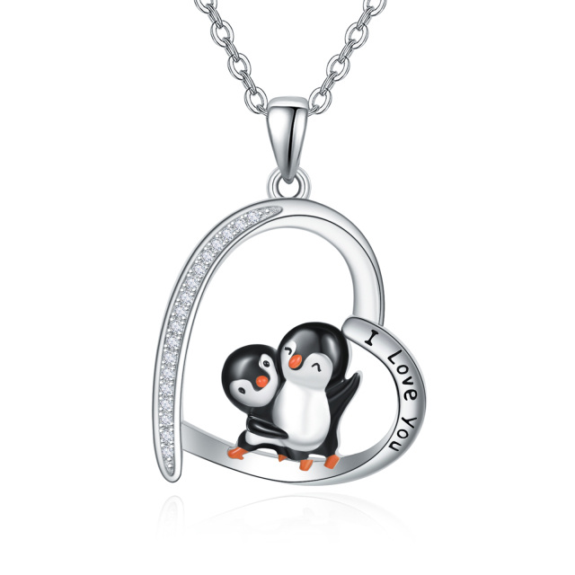 Sterling zilveren cubic zirconia pinguïn hart hanger ketting met gegraveerd woord-1