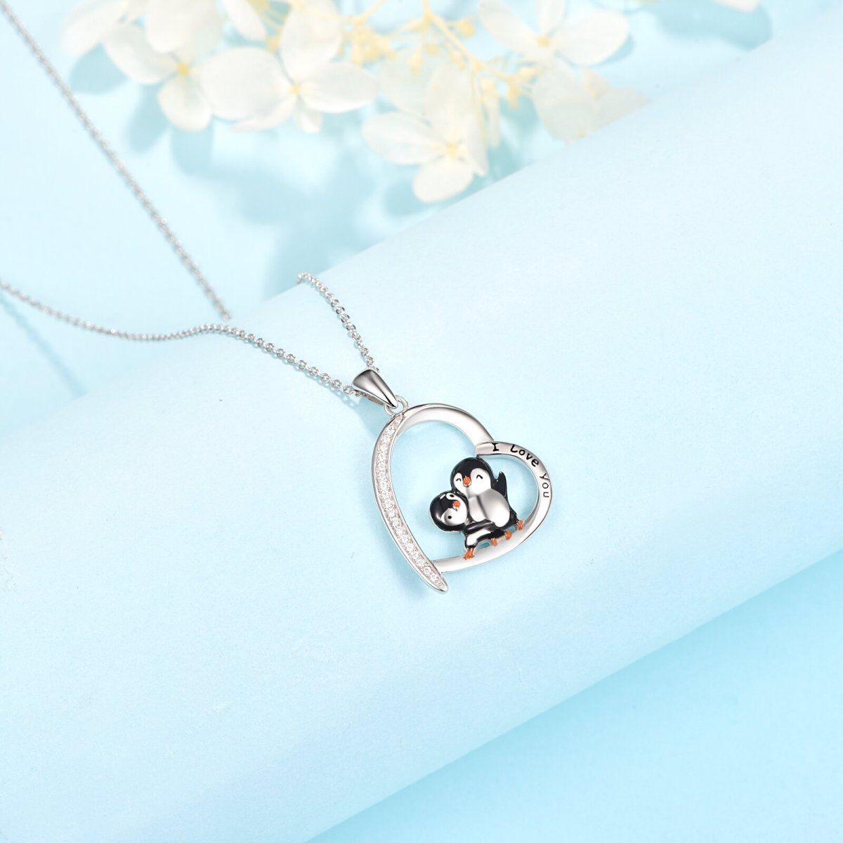 Sterling Silver Circular Shaped Cubic Zirconia Penguin & Heart Pendant Necklace with Engraved Word-2