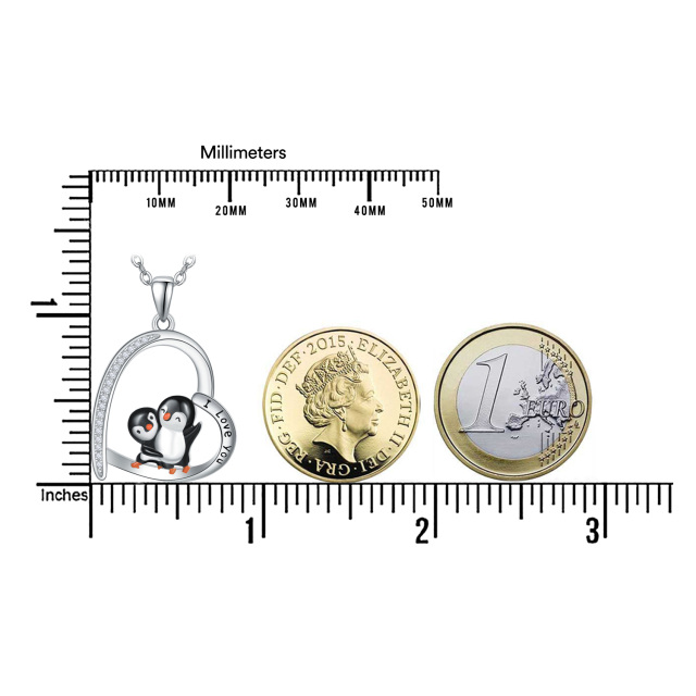 Sterling Silber kreisförmig Cubic Zirkonia Pinguin & Herz Anhänger Halskette mit eingravie-3