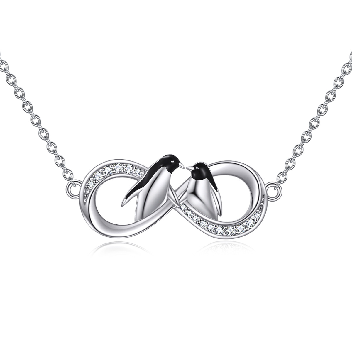 Sterling zilveren cirkelvormige cubic zirconia pinguïn & oneindigheidssymbool hanger ketting-1