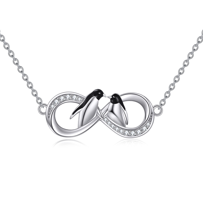 Sterling Silver Circular Shaped Cubic Zirconia Penguin & Infinity Symbol Pendant Necklace-16