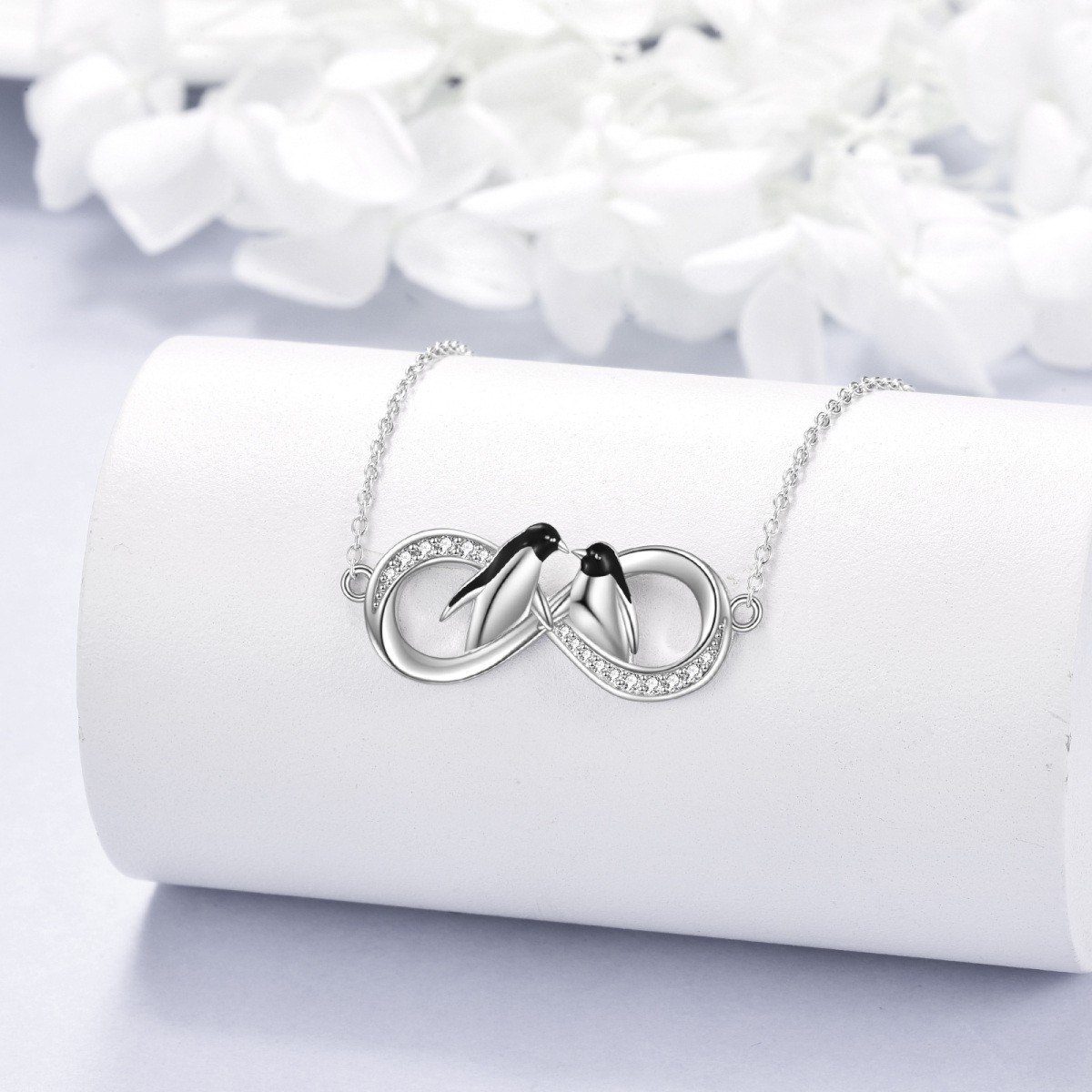 Sterling Silver Circular Shaped Cubic Zirconia Penguin & Infinity Symbol Pendant Necklace-3