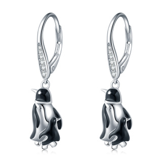 Sterling Silver Circular Shaped Cubic Zirconia Penguin Lever-back Earrings-4