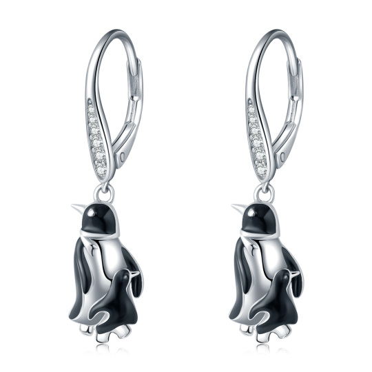 Sterling Silver Circular Shaped Cubic Zirconia Penguin Lever-back Earrings