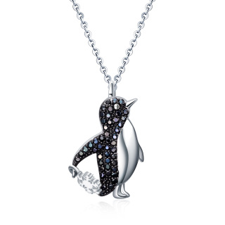 Sterling Silver Circular Shaped Cubic Zirconia Penguin Pendant Necklace-57