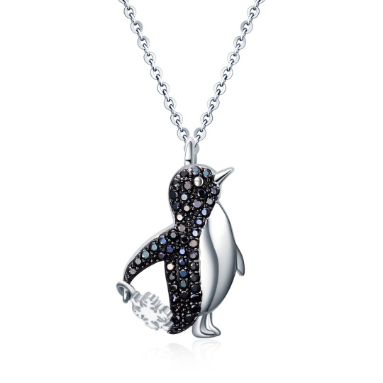 Sterling Silver Circular Shaped Cubic Zirconia Penguin Pendant Necklace