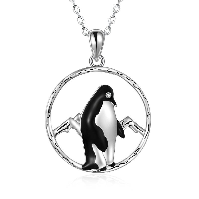 Sterling Silver Circular Shaped Penguin Pendant Necklace-20